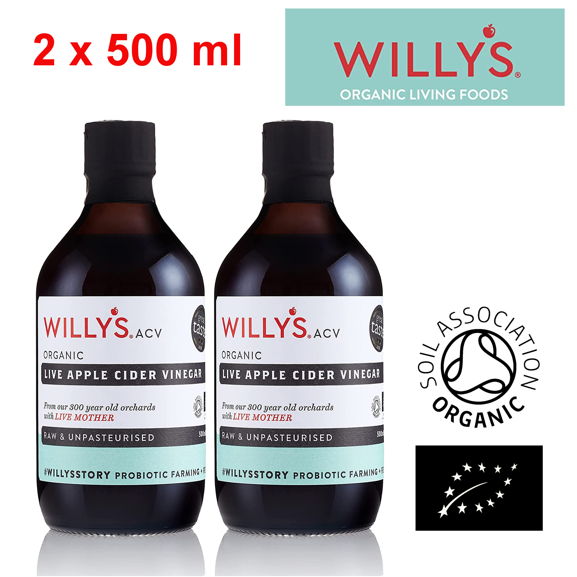 WILLY'S ORGANIC Raw Apple Cider Vinegar with Real Live Mother, 1L (2x 500 ml)