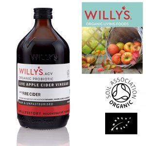 WILLY’S ORGANIC RAW FIRE APPLE CIDER VINEGAR WITH REAL LIVE MOTHER, GLASS BOTTLE, 500ML
