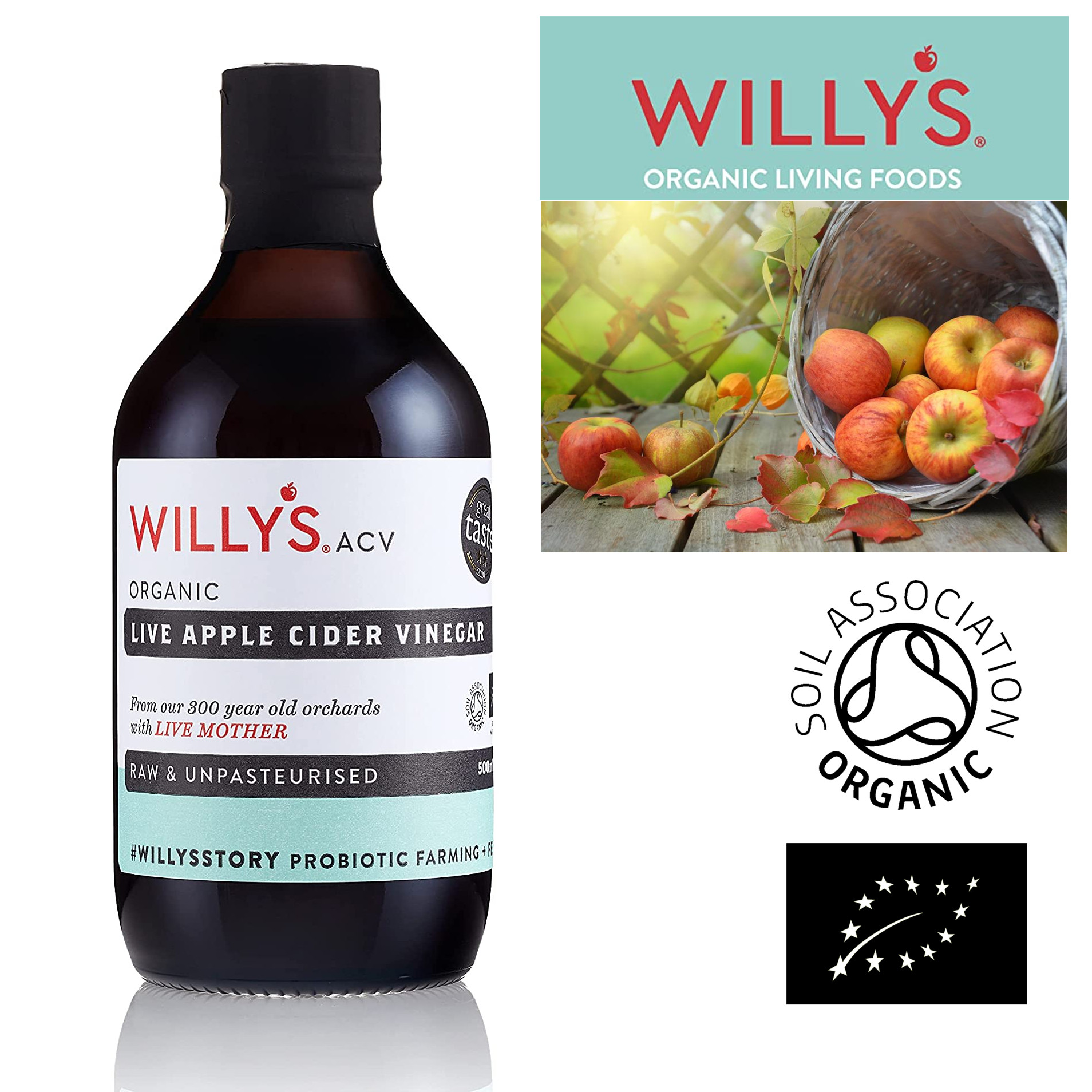 WILLY'S ORGANIC Raw Apple Cider Vinegar with Real Live Mother, Glass Bottle, 500ml